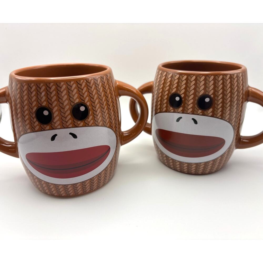 Sock Monkey Face Coffee Tea Mug with Ear Handles Brown Vintage-Inspired Set of 2